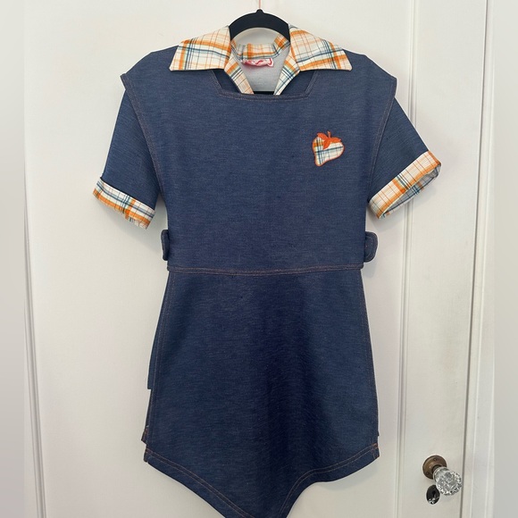 VINTAGE 3-pc 60s/70s denim/plaid print skirt/shirt/tunic set w/apple motif (S) - Picture 2 of 16